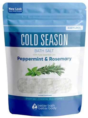 Cold Season Bath Salt 32 Ounces (2 Lbs) USP Grade Epsom Salt with Natural Rosemary and Peppermint Pure Essential Oils Plus Vitamin C in BPA Free Pouch with Easy Press Lock Seal Made in USA
