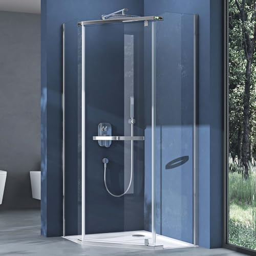 doporro Paroi de Douche Pentagonale Transparent Montage Réversible 90x90 avec bac à Douche et Bonde Cabine de Douche Ravenna8 90x90x195cm