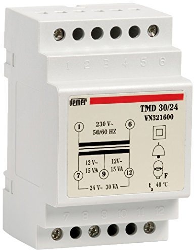 VEMER VN321600 TMD 30/24 - Klingeltrafo für Hutschienen, Trafo mit Primärspannung 230V, Sekundärspannung 12-24V und Leistung 30VA, Weiß