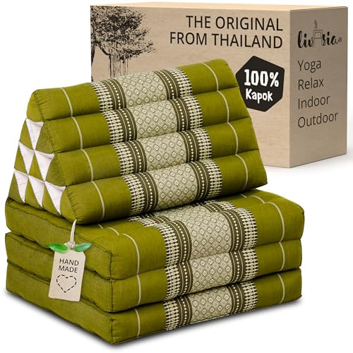 livasia Thai cushion with 3 seat rests - 69x20x3.1″ - Triangle cushion with folding mattress, Wedge cushion, kapok, Back support cushion, folding, Thai mat, folding, Hand made (Green)