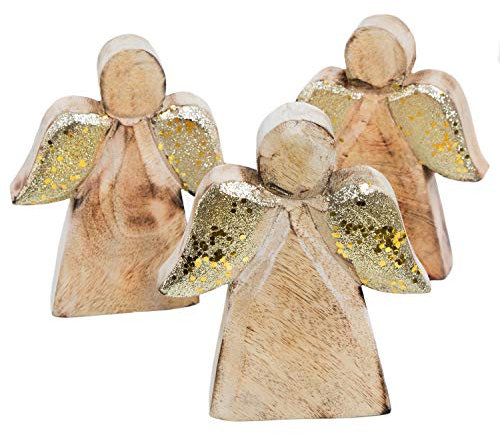 Logbuch-Verlag 3 Engel aus Holz Schutzengel Figur Weihnachten Dekoration Geschenk 15 cm Gold Mangoholz