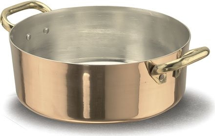 Pentole Agnelli ALCU10620 Casseruola Bassa in Rame con 2 Maniglie in ottone, Rame liscio stagnato a mano, 20 cm