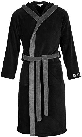 Di Ficchiano Herren Bademantel mit Kapuze – Flauschiger Frottee Hausmantel, Morgenmantel, Saunamantel – lang & weich – Farbe Schwarz Grau – Größe XXL