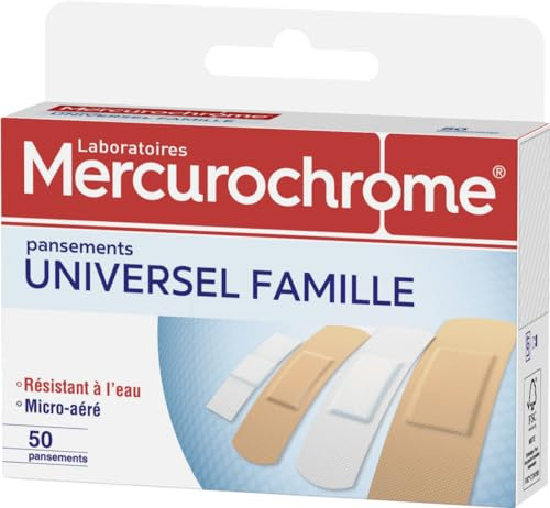 MERCUROCHROME - Pansements Universel Famille - 50 Pansements - 3 tailles - 2 Couleurs différentes - Protection optimale - Résistants à l'eau - Adapté à Différentes Tailles de Plaies