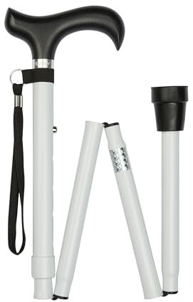 Gehstock Faltstock für Blinde, schwarzer Derbygriff aus Hartholz,aufgesetzt auf einen Stock aus stabilem Leichtmetall in weiß mit Reflektionsband, faltbar, höhenverstellbar, inklusiv Schlankpuffer.