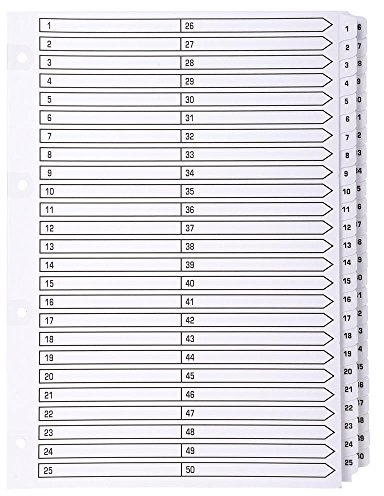 Exacompta - Réf. MWD1-50Z - Intercalaires en carte blanche 160g/m2 FSC avec 50 onglets imprimés numériques de 1 à 50 et plastifiés - Page d'indexation imprimable - Format à classer A4