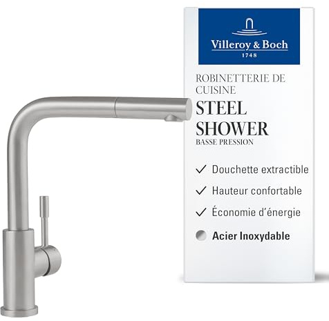 Villeroy & Boch Steel Shower, grifo de cocina de baja presión con rociador extraíble y caño giratorio de 360°, ColdStart de bajo consumo, altura 270 mm, acero inoxidable