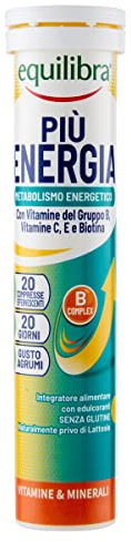 equilibra Integratori Alimentari, Più Energia, Integratore per il Benessere Vitaminico, con Vitamine Gruppo B, Vitamina C, Vitamina E, Biotina, Gusto Agrumi, 20 Compresse Effervescenti