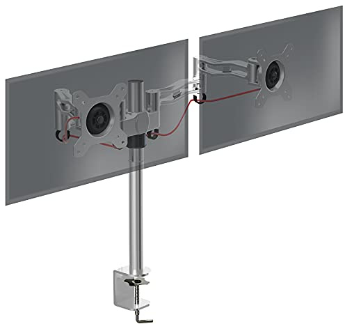 Duronic Dual Monitor Stand DM352 SR Double Monitor Arm Silver Twin Riser Two Mount for 13-27” Computer Screen 2 Height Adjustable Clamp Stands for PC Gaming Work Desk Home & Office Studio, VESA 75 100