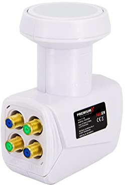 PremiumX Quad LNB för 4 användare - TV-signalomvandlare med väderskydd - Digital satellitmottagare i vitt - DVB-S2 8K UHD 4K Full HD
