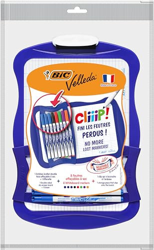BIC Velleda Ardoise Ecolier Double Face (21 x 31 cm) Effaçable à Sec avec 8 Feutres Effaçables à Sec et Effacette - Bleue, Lot de 1