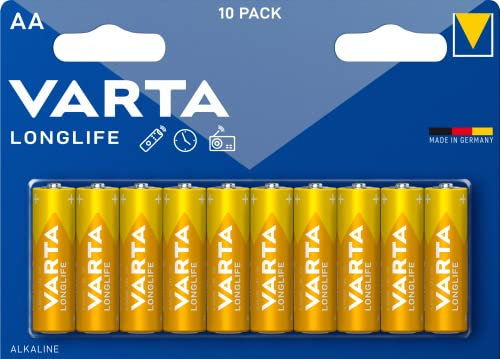 VARTA Batterien AA, 10 Stück, Longlife, Alkaline, 1,5V, ideal für Fernbedienungen, Wecker, Radios, Made in Germany