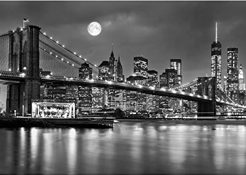 Runa Art Papel tapiz fotográfico Brooklyn puente de la noche 352 x 250 cm Lana Fondo De Pantalla XXL Moderna Decoración De Pared Sala Cuarto Oficina Salón Negro y blanco 9101011b