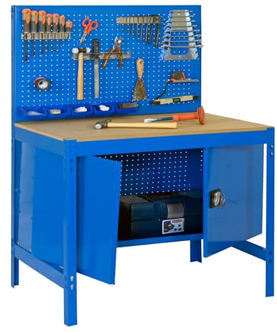 SimonRack Etabli d’Atelier, Capacité de Charge 600 kg, 1445x1210x610 mm, Panneau Perforé, Aromire avec Étagère, Table de Travail Bricolage, Bleu/Bois - BT2