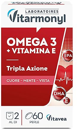 Omega 3 - Integratori per favorire la normale funzione cardiaca - Formula arricchita con Vitamina E, contro lo stress ossidativo - Per Adulti - Confezione da 60 perle softgel - Vitarmonyl