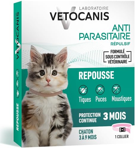 Vetocanis | Collier chaton anti-puces & anti-tiques | Traitement Protection Antiparasitaire Chaton | Efficace 3 Mois | Pour Chaton de - de 9 Mois | Résiste à l'Eau | Formulé sous contrôle Vétérinaire