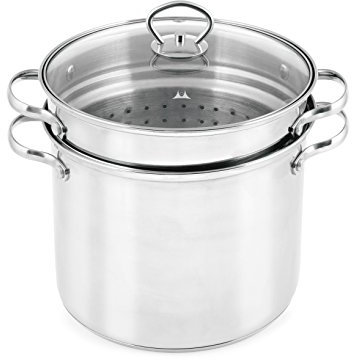 INOXPRAN - Cuocipasta Inoxpasta in Acciaio Inox Ø22 con Coperchio in Vetro da 22 cm, Pentola e Scolapasta Insieme, 22x23x16 cm, Capacità 6 L