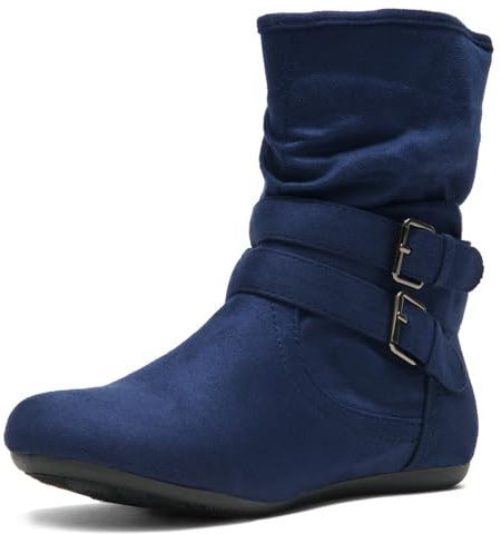 Herstyle Slouch Flat Ankle Booties for Women – Short Boots with Buckle, Low Heel Side Zipper Fashion Booties for Fall Winter Walking, Navy, Size 7.0, Lindell