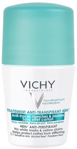 Vichy Anti-Transpirant 48h gegen Flecken, Deo-Roll-on für Frauen und Männer, Schweiß- und geruchshemmend, Keine Spuren auf der Kleidung, Mit Thermalwasser aus Vichy, Für empfindliche Haut, 50 ml
