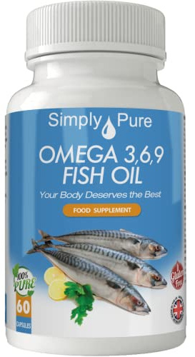 Simply Pure Omega 3,6,9 Fish Oil Complex with Flaxseed & Vitamin E for Heart Health and Joint Stiffness | Distilled for No Fishy Aftertaste | DHA and EPA | 1400mg Capsules x 60 | Gluten Free | GM Free