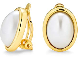 Semplice Bianco Simulato Perla Cabochon Bezel Ovale Clip Su Orecchini Per Le Donne Per Le Orecchie Non Forate 14K Oro Placcato Ottone