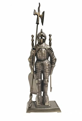 Lizh - Set di attrezzi per caminetto in ghisa con cavaliere medievale, in ottone anticato