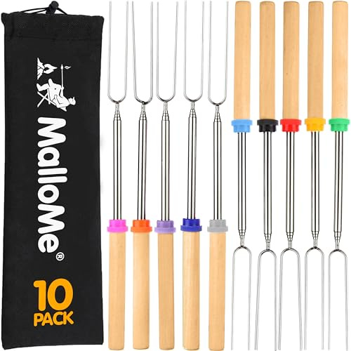 MalloMe Smores Sticks for Fire Pit - Accessories for Campfire Marshmallow Roasting Sticks Smores Kit Outdoor - Smore Skewers Hot Dog Fork For Outside, Camping Essentials Bonfire Gear Long 32 10 Pack
