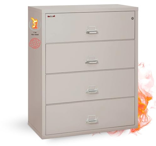 FireKing Fireproof Lateral File Cabinet (4 Drawers, Impact Resistant, Water Resistant), 44 W x 22 D, Platinum, Made in USA