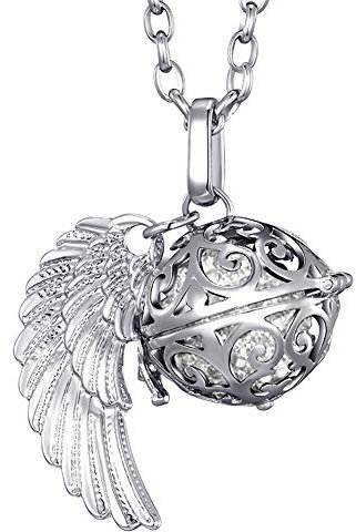 Morella Damen Schutzengel Halskette Edelstahl 70 cm mit Anhänger Engelsflügel und Klangkugel Zirkonia weiß Ø 16 mm in Schmuckbeutel