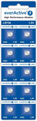 EverActive AG3 Lot de 10 Piles alcalines Mini G3 LR736 LR41 1,5 V Durée de Vie 5 Ans 1 Carte Blister