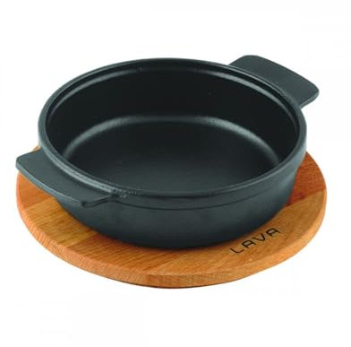 Lava Cookware rund köttgryta, träplatta, diameter 17 cm, gjutjärn, svart, 17 cm