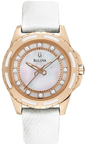 Bulova Ladies' Classic Diamond 3-Hand Quartz Stainless Steel Watch, 12 Diamonds, Mother-of-Pearl Dial, Rose Gold/White Leather Strap