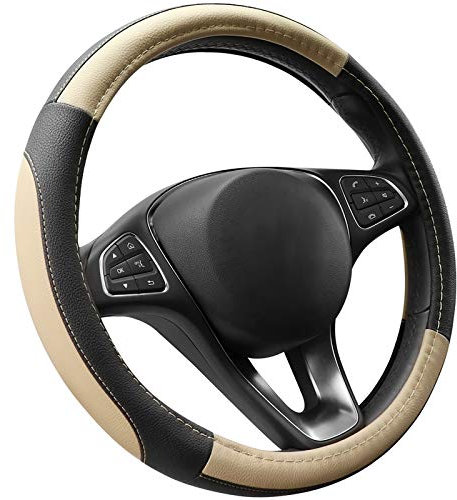COFIT Microfiber Leather Steering Wheel Cover Breathable Anti-slip Universal Protective Wrap Car Interior Decor Accessories Size M 37-38cm Beige and Black