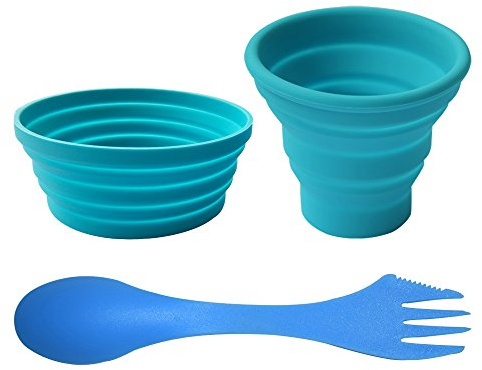 Ecoart Silicone Collapsible Bowl Cup Set with Spork for Outdoor Camping Hiking Travel, Blue - Set of 3