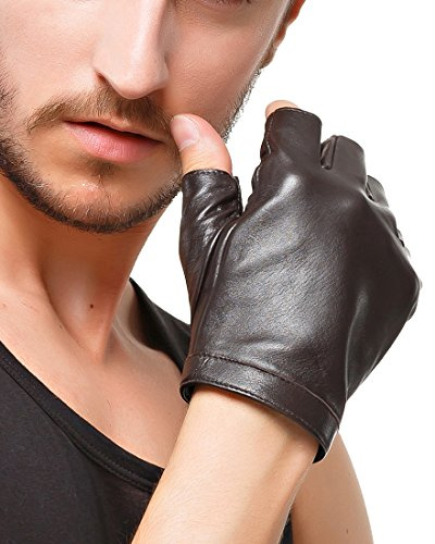 Nappage Men's Classic fingerless guantes de cuero de piel de cordero forro de seda Ciclismo Guantes medio dedo de conduccion al aire