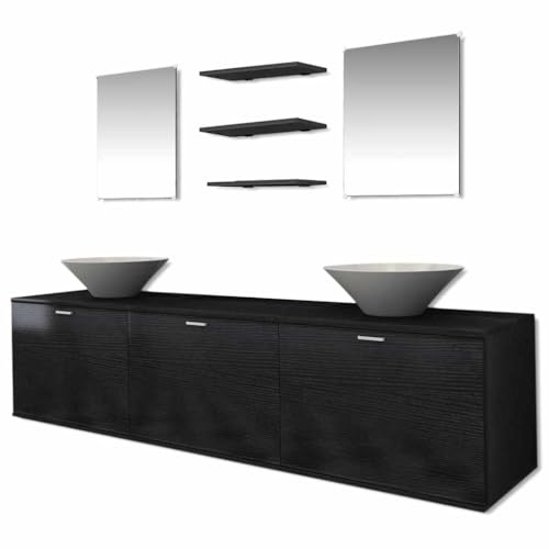vidaXL Set 8 pz Mobili bagno armadietti specchio lavabo lavandino elegante nero