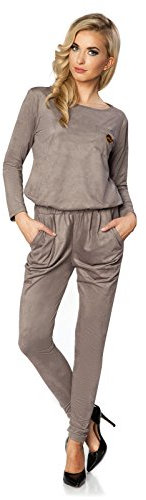 FUTURO FASHION® - Jumpsuit mit langen Ärmeln & Wildleder-Optik - elegant - Baumwolle - verstellbare Taillenweite - Größe 36-44 - FT2295 - Cappuccino - 44 (XXL)