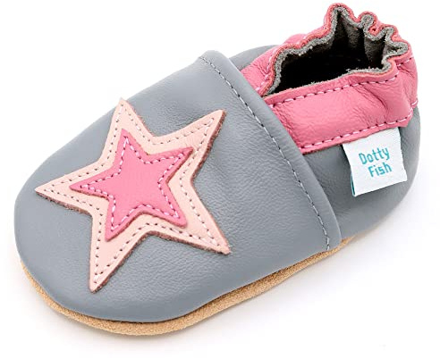 Dotty Fish Barefoot Soft Sole Leather Baby Shoes - Grey Star 12-18 Months