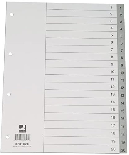 Q-Connect KF01828 Zahlenregister - 1-20, PP, A4, 20 Blatt, grau