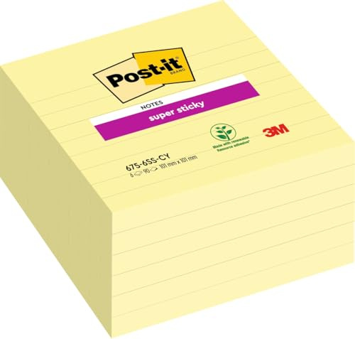 Post-it Super Sticky Large Notes, Lined, 540 Sheets, Pack of 6 Pads, 101 mm x 101 mm - Holds Strong to Many Surfaces - Canary Yellow - for Walls, Monitors and Fridge, Recycable
