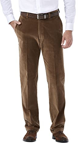 Haggar Men's 21 Wale Stretch Corduroy Expandable Waist Classic Fit Plain Front Pant, Camel, 44x32