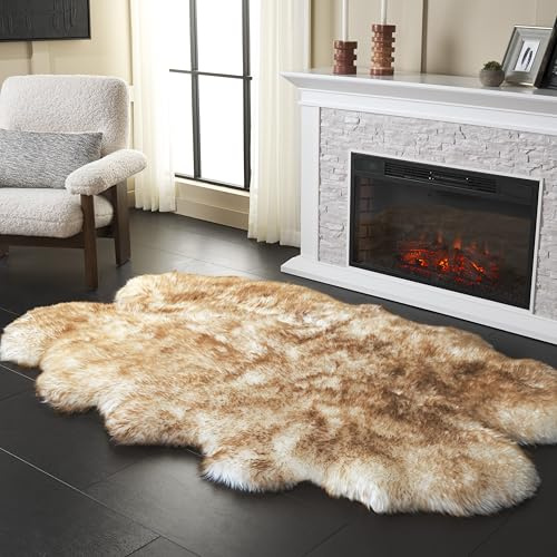 SAFAVIEH Sheep Skin Collection Accent Rug - 3'7 x 5'11, Off White & Coco Brown, Handmade Glam Genuine Pelt, 3.4-inch Thick Ideal for High Traffic Areas in Foyer, Living Room, Bedroom (SHS121D)