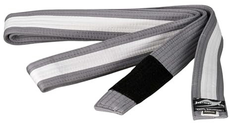Ju-Sports BJJ Kindergürtel - grau mit weißem Streifen, Baumwolle 4cm breit I BJJ Gürtel mit schwarzem Abschnitt für Zwischenstufen I Mehrfach gesteppt I 220 cm