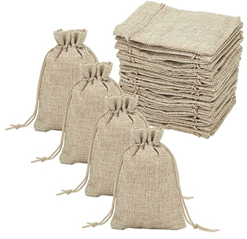 PandaHall 100 Pcs Bolsas de Lino y Cáñamo con Cordón Bolsas de Regalo para joyas Abalorios bolsa de lino para fiesta matrimonio boda decoracion Amarillo Claro 13,5 x 9.5cm