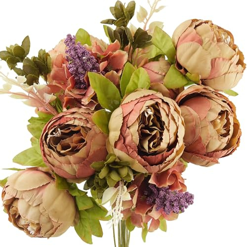 FiveSeasonStuff vintage konstgjorda blommor brun pion och hortensior | bröllop, brud, hem, kontorsinredning (1 bukett)