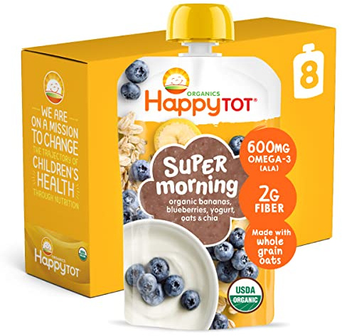 HAPPYTOT Organics Stage 4 Baby Food Pouches, Gluten Free, Super Morning Fruit & Oat Blend, Bananas, Blueberries, Yogurt, Oats & Chia, 4 Oz (Pack of 8)