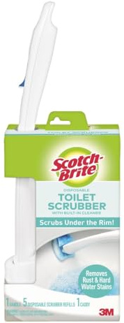 Scotch-Brite Disposable Toilet Scrubber Starter Kit, Disposable Refills with Built-In Bleach Alternative, Includes 1 Handle, Storage Caddy and 5 Refills