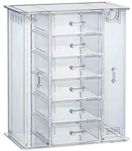 Beautify Jewellery Stand, Acrylic Cosmetic & Jewellery Storage with 6 Drawers, 9 Necklace Hooks & 2 Side Compartments, Tabletop Plastic Jewellery Organiser for Rings, Earrings, Necklaces & Bracelet