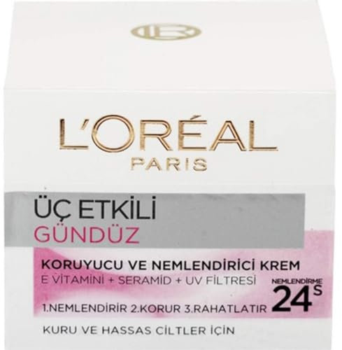 L'Oréal Paris Triple Active Day 24H Hydrating Moisturiser - Sensitive. Hydrate and Protect Sensitive and Dry Skin, Comforts skins, Formulated with Vitamin E & Ceramides 50ml