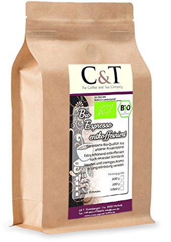 C&T Bio Espresso Crema | Cafe entkoffeiniert 100% Arabica 1000 g entkoffeinierter Kaffee ganze Bohnen im Kraftpapierbeutel
